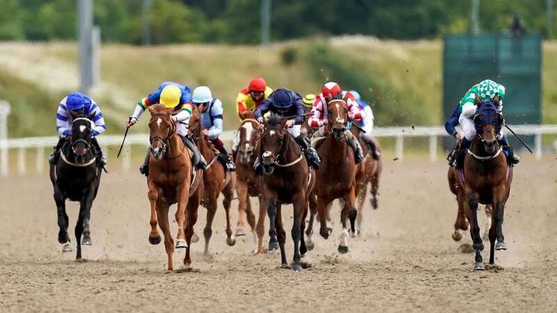 CHELMSFORD, ENGLAND - JUNE 08: Jack Mitchell riding Ritchie Valens (L, yellow cap) win The Roxwell Handicap at Chelmsford City Racecourse on June 08, 2020 in Chelmsford, England. (Photo by Alan Crowhurst/Getty Images)