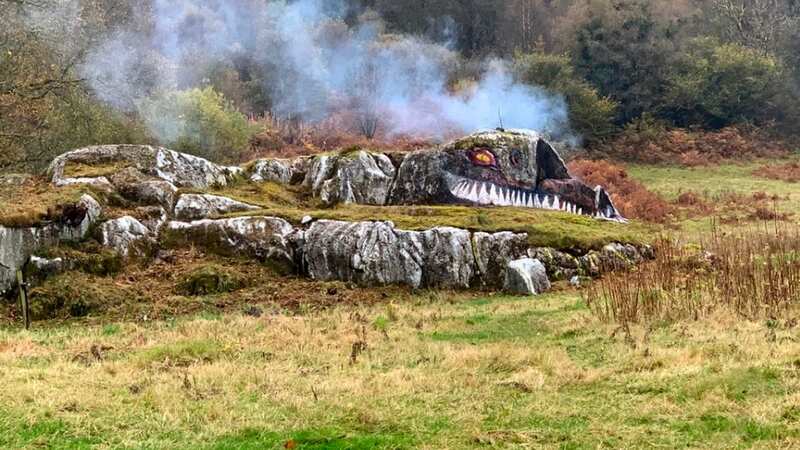 Gwynedd artist Karen Jones (inset) has created a fire-breathing dragon on her smallholding on the outskirts of Waunfawr (Image: Karen Jones)