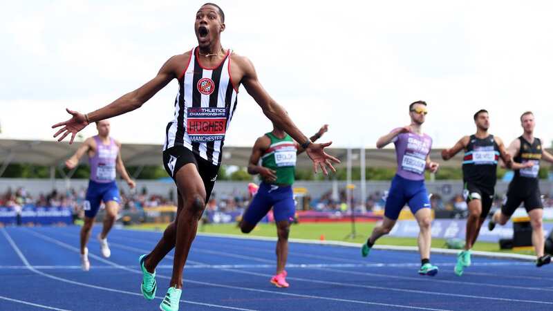 Hughes gasps as he sees the clock after winning the 200 metres in Manchester (Image: British Athletics via Getty Imag)
