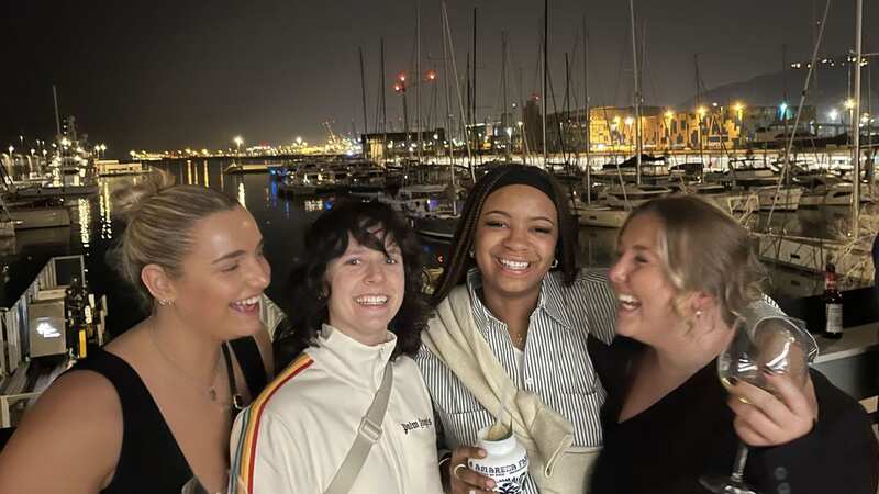 Ruby, Charlotte, Zgora, and Dani at the docks in Barcelona during their surprise night out (Image: Caters News Agency)
