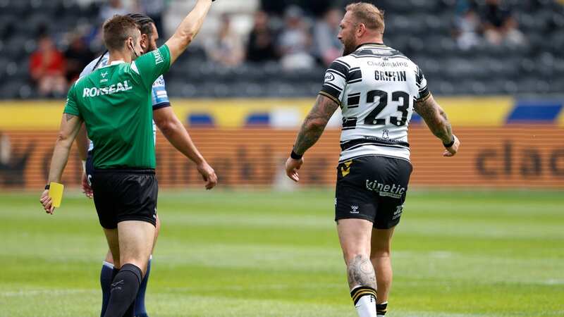 Josh Griffin is shown a red card by referee Chris Kendall in his final game in a Hull FC (Image: PA)