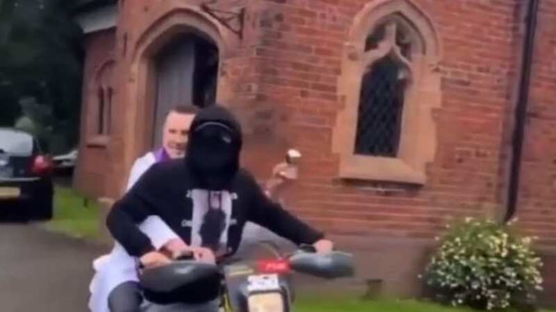 Moment priest rides on back of motorbike spraying holy water at funeral for teen