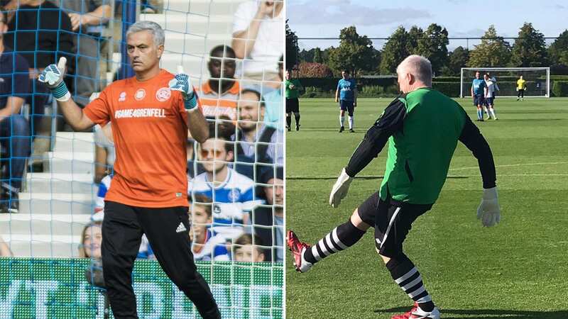 Jose Mourinho in goal during the charity game in aid of Grenfell (Image: WireImage)
