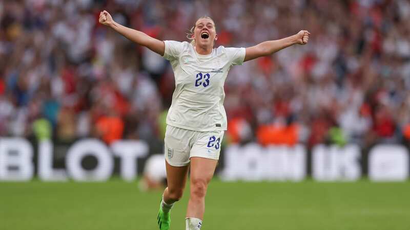 Alessia Russo of England celebrates the 2-1 victory following the final whistle of the UEFA Women