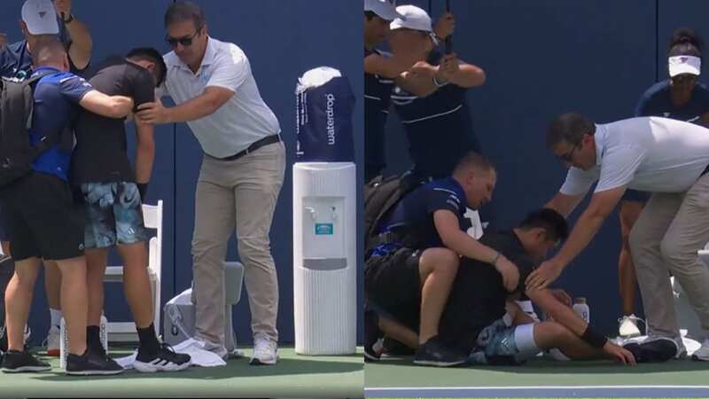 Yibing Wu fell to the ground against Yosuke Watanuki after being held up (Image: Tennis TV)
