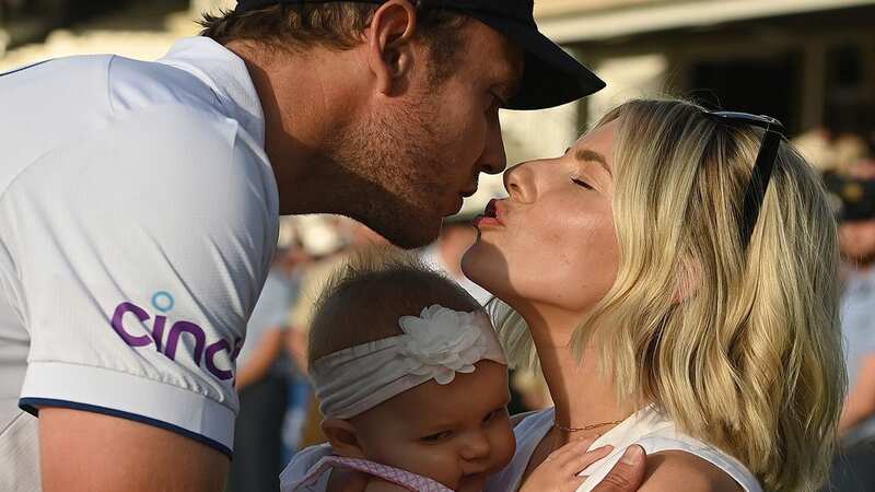 Mollie King wipes tear as she and baby support beau Stuart Broad at cricket match (Image: Popperfoto via Getty Images)