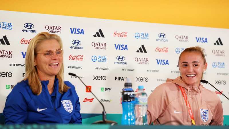 Sarina Wiegman, Head Coach of England, and Georgia Stanway of England speak to the media before the game against China