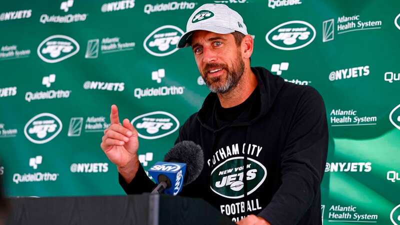 Aaron Rodgers is enjoying training camp with the New York Jets offense ahead of the 2023 NFL season (Image: AP)