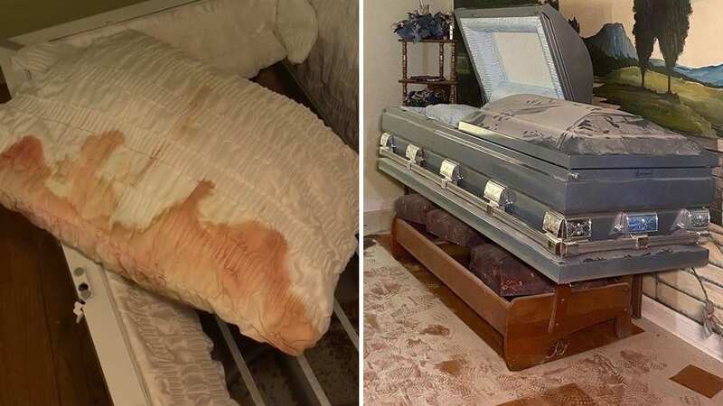 Inside creepy abandoned funeral home with blood left on coffin pillows