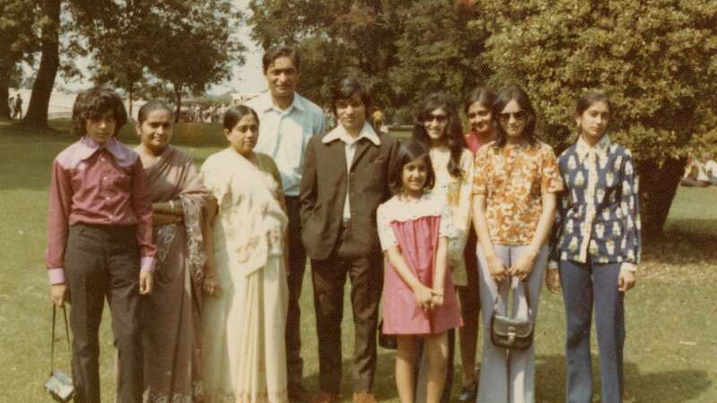 Nisha Popat and her extended family after they had fled Uganda and come to the UK - pictured in Abby Park Leicester, 1973 (Image: Supplied)