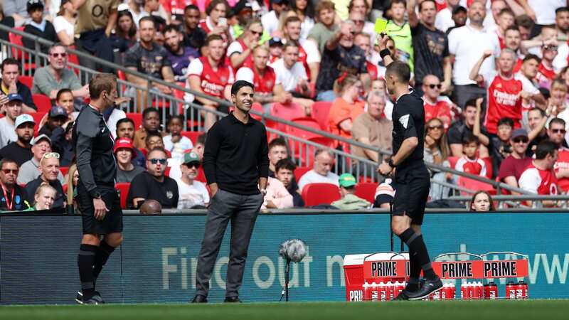 Mikel Arteta was booked for waving an imaginary card in the Community Shield (Image: Eddie Keogh/The FA via Getty Images)