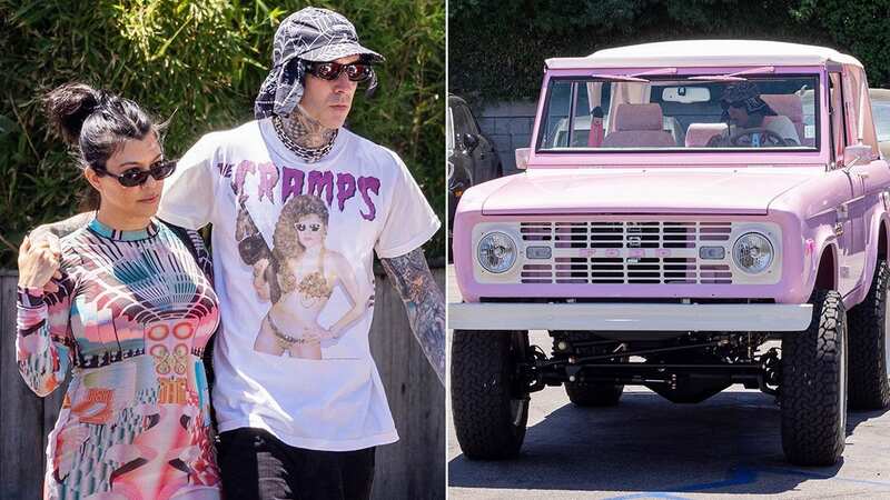 Kourtney Kardashian and Travis Barker were spotted riding around in an expensive custom-made pink Bronco (Image: BACKGRID)