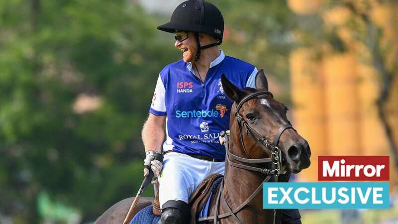 Prince Harry smiles as he rides his horse (Image: AFP via Getty Images)