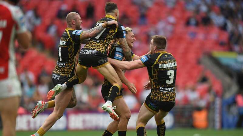 Leigh players mob Lachlan Lam after his golden point Wembley winner (Image: Getty Images)