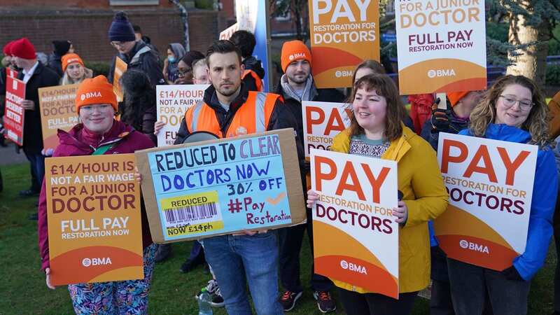 Striking NHS junior doctors on the picket line outside Leicester Royal Infirmary
