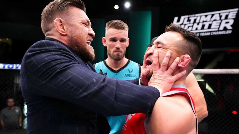 Conor McGregor pushes Michael Chandler during the filming of The Ultimate Fighter (Image: Zuffa LLC via Getty Images)