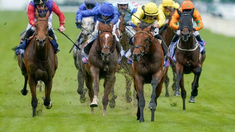YORK, ENGLAND - MAY 11: Tom Marquand riding Gaassee (yellow) win The Sky Bet Race To The Ebor Jorvik Handicap at York Racecourse on May 11, 2022 in York, England. (Photo by Alan Crowhurst/Getty Images)