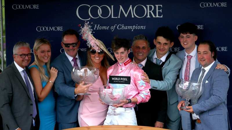 The connections of Nunthorpe winner Live In The Dream with trainer Adam West (far right) (Image: PA)