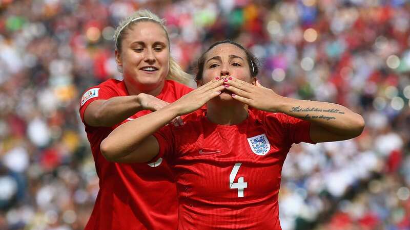 Fara Williams of England celebrates her goal from the penalty spot with Steph Houghton at 2015 World Cup (Image: Matthew Lewis)