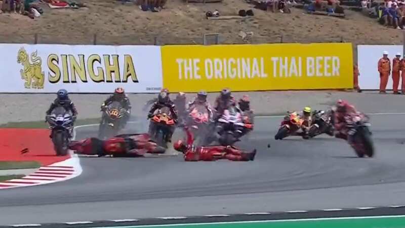 Francesco Bagnaia had his leg run over in first lap incident in the Catalan Grand Prix (Image: TNT SPorts)
