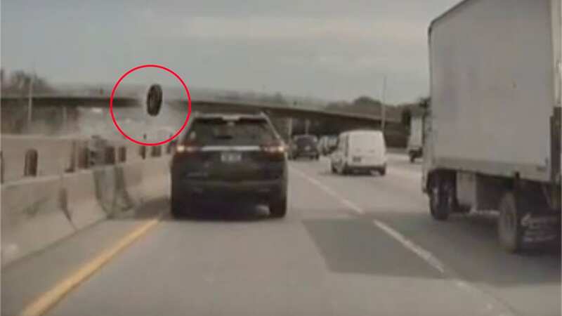 Tesla dashcam captures scary moment tyre flies off school bus and crushes car
