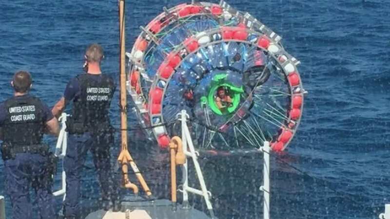 Baluchi was reportedly unable to provide officials with any registration for his odd water vehicle and informed officials that he was running in his hamster wheel all the way to London (Image: USCG Southeast)