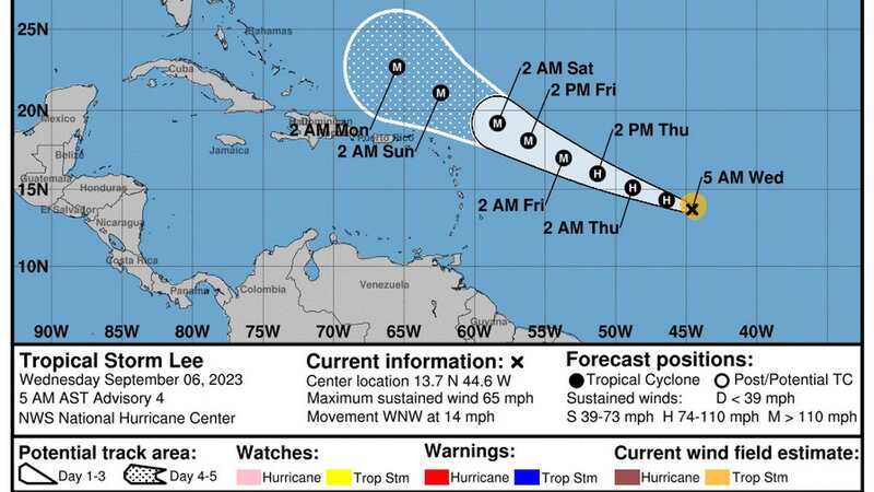 Tropical Storm Lee will become a hurricane and travel north of Puerto Rico, forecasters said (Image: NHC NOAA)