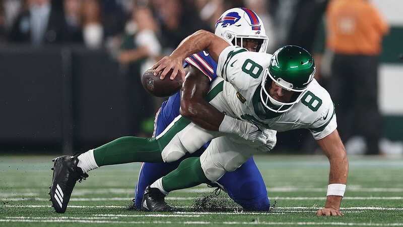 Aaron Rodgers was carted off the field after sustaining an injury on his New York Jets debut (Image: Elsa/Getty Images)