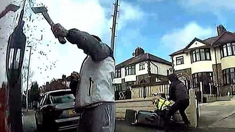 Moment refuse crews are attacked with axe and sledgehammer as they empty bins