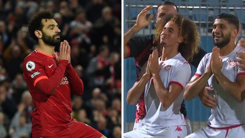 Liverpool star Mohamed Salah does his trademark yoga celebration (Image: John Powell/Liverpool FC via Getty Images)
