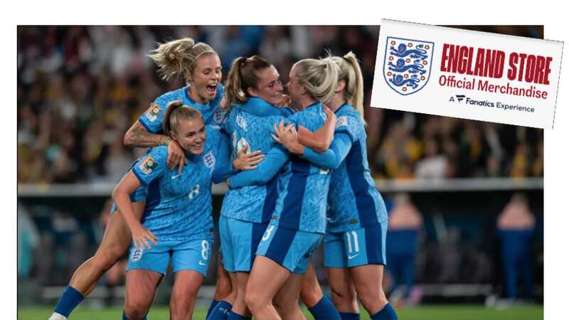 Inspiring: England after scoring against Australia. Inset: englandstore.com logo (Image: Andy Stenning for Daily Mirror)