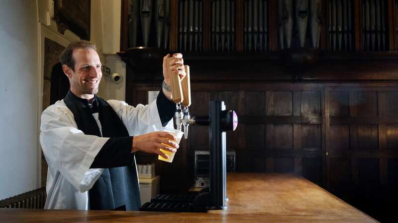 Inside church with a bar to serve beer on tap - but not everyone likes it