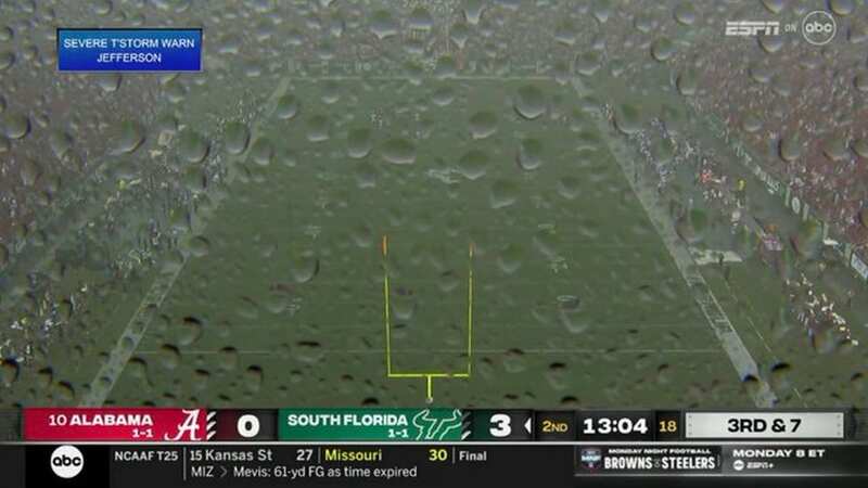 Alabama and South Florida raced to the locker rooms after news of a lightning strike nearby. (Image: ESPN)