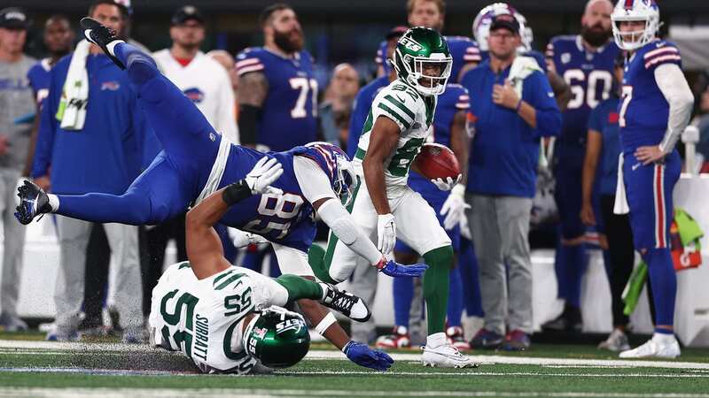 New York Jets star Chazz Surratt #55 has reportedly been fined following the game-winning touchdown against the Buffalo Bills (Image: Elsa/Getty Images)