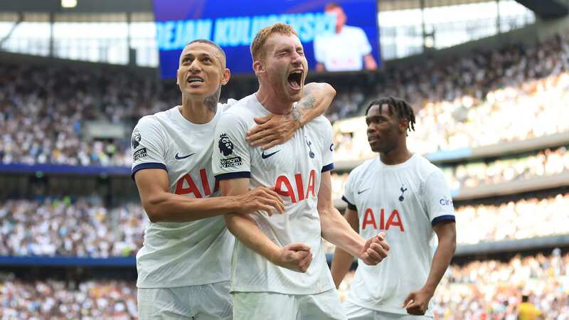 Dejan Kulusevski celebrates with teammates Richarlison and Destiny Udogie after completing Tottenham