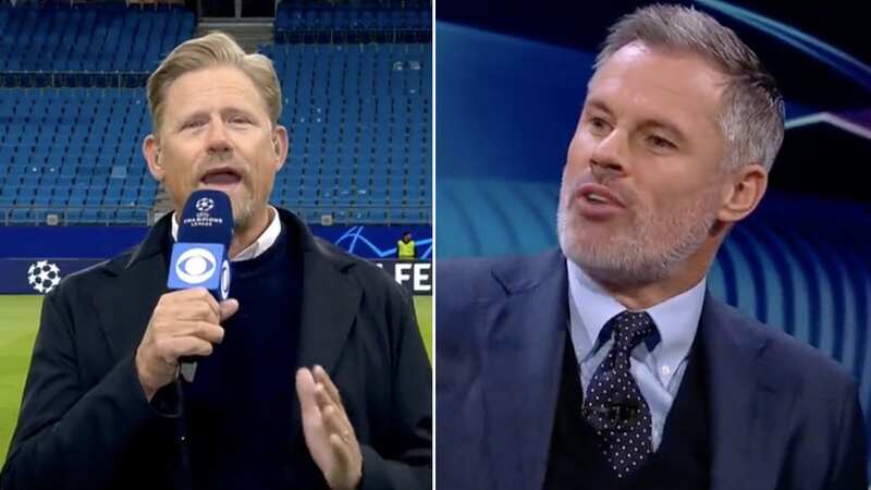 Jamie Carragher could not resist mocking Peter Schmeichel during the CBS Sports coverage of the Champions League (Image: CBS Sports/ Twitter)