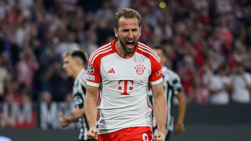 Harry Kane celebrates after scoring for Bayern Munich against Manchester United (Image: Getty Images)