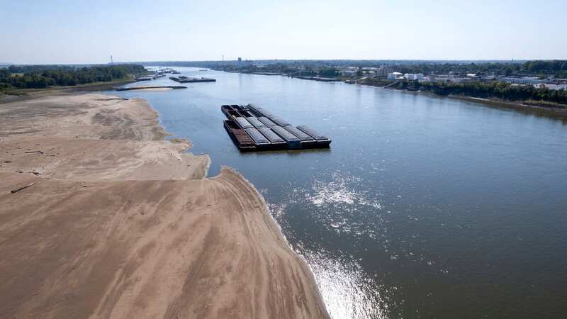 Barges float in the Mississippi River as a portion of the riverbed is exposed (Image: AP)