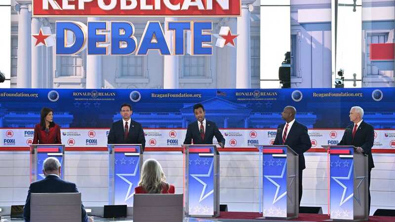 The last minute of the debate ended with Ramaswamy getting the last words in, before they all scrambled to talk over each other one last time before the debate ended (Image: AFP via Getty Images)