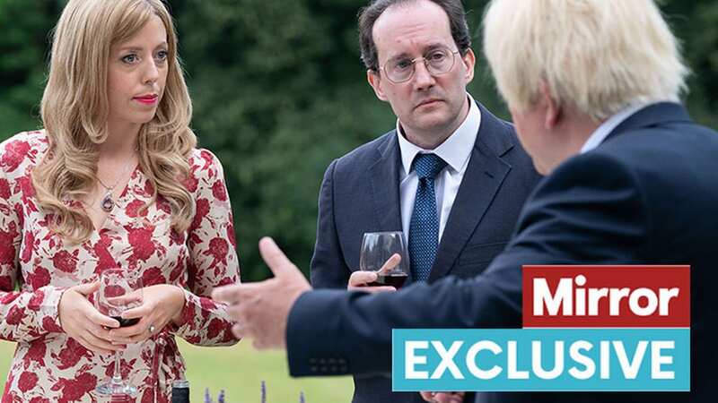 Carrie Johnson (Rebecca Humphries), Martin Reynolds (Edwin Flay) and Boris Johnson (Jon Culshaw) at garden party (Image: Jack Barnes / Channel 4)