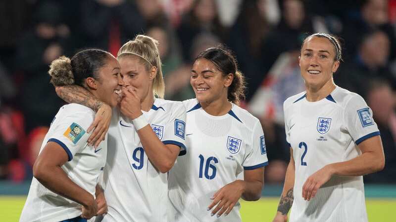 ADELAIDE, AUSTRALIA - AUGUST 01: Lauren James of England celebrates with team mates Rachel Daly, Jessica Carter and Lucy Bronze during the FIFA Women