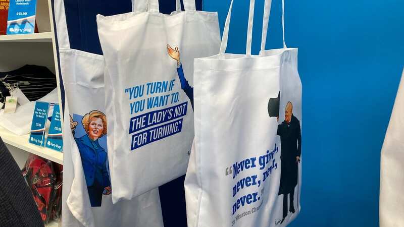 Thatcher and Churchill tote bags were prominently on display