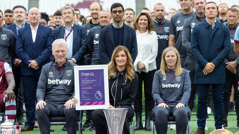 West Ham Vice-Chair Karren Brady being presented with the award by Kuljit Randhawa, the Premier League’s Head of Diversity and Inclusion Strategy (Image: West Ham United FC)