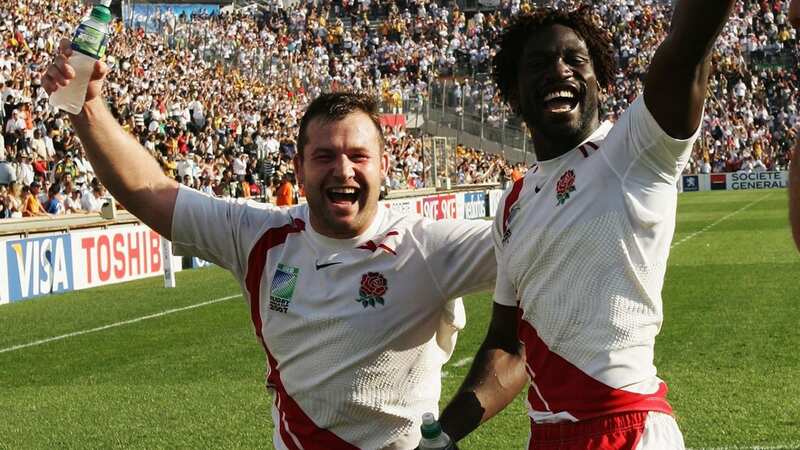 Regan and Paul Sackey celebrate England