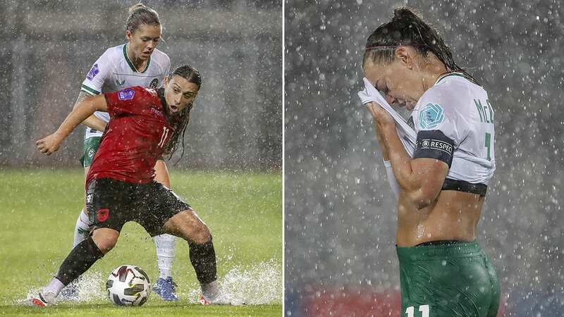 Katie McCabe wipes rain water from her face (Image: ©INPHO/Nikola Krstic)