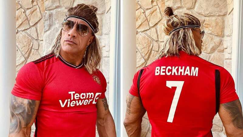 The Rock dressed as David Beckham for Halloween, but donned a fake Manchester United shirt