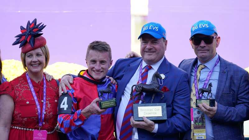 Tom Marquand (second left) celebrates big win with owner Paul Teasdale and trainer Mick Appleby (Image: AP)