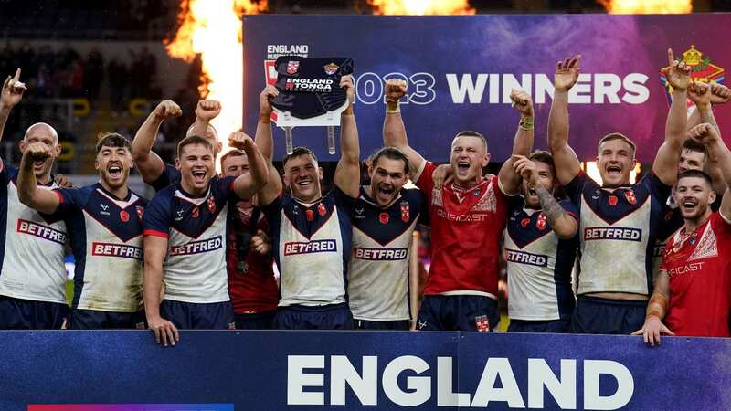 England celebrate their series whitewash over Tonga (Image: PA)