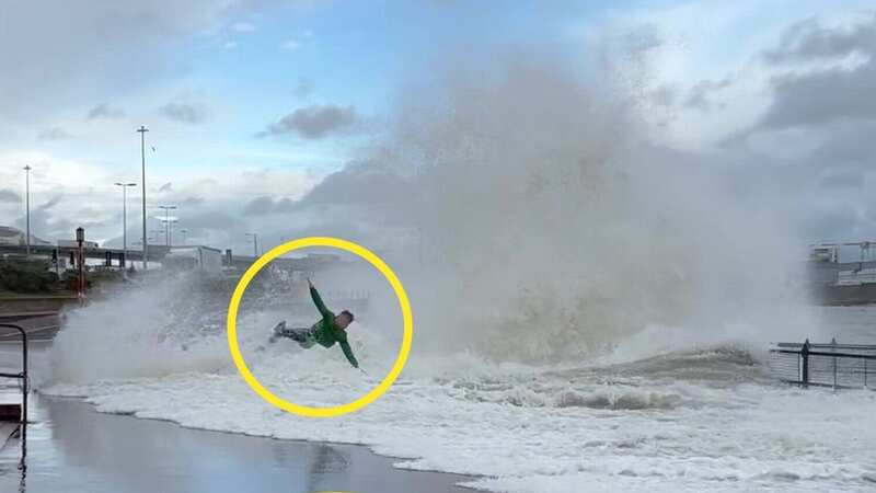 Man smashed by 25-foot wave on UK coastline during monster 100mph wind storm