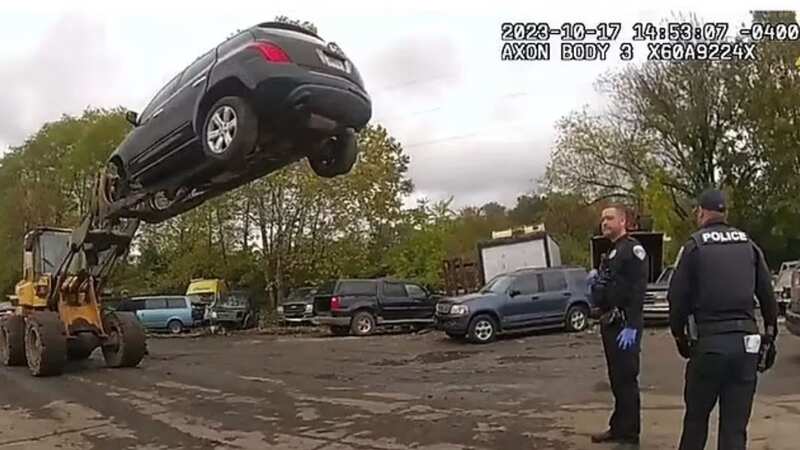 Genius forklift truck driver foils car thief by hoisting him 20 feet in the air